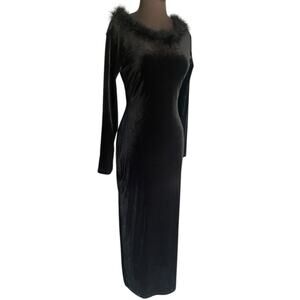 Vtg Y2K Black Velvet Feather Boa Trim Whimsigoth Vamp Glam Maxi Dress Size L
